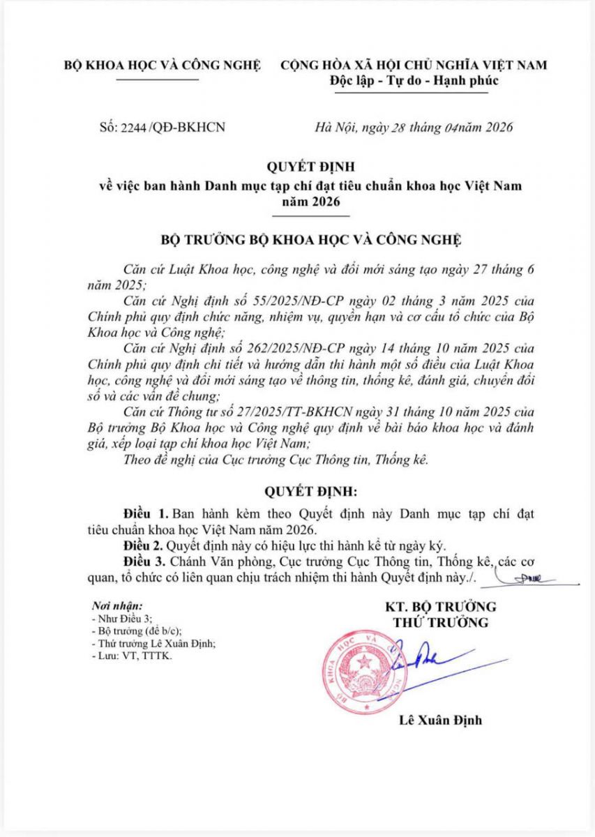 TẠP CHÍ NGUỒN NHÂN LỰC VÀ AN SINH XÃ HỘI THUỘC DANH MỤC TẠP CHÍ ĐẠT TIÊU CHUẨN KHOA HỌC NĂM 2026